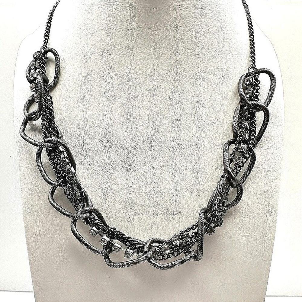 Vintage 90s Cookie Lee Silver Tone Twisted Chain Rhinestone Choker Necklace
